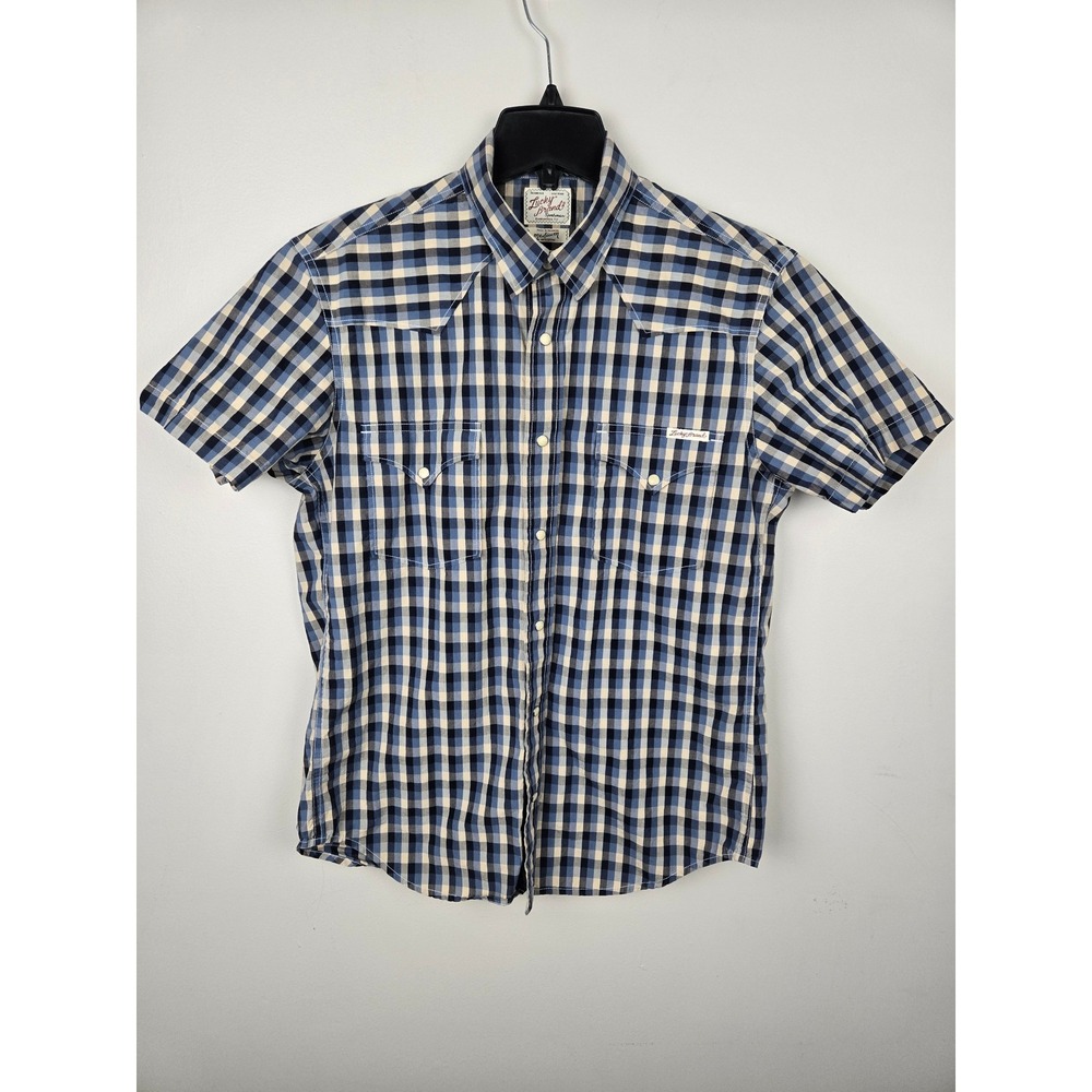 Lucky Brand Mens Short Sleeve Plaid Western Shirt Blue‎ Tan Medium